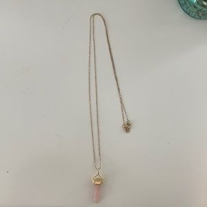 Long rose quartz necklace with gold chain